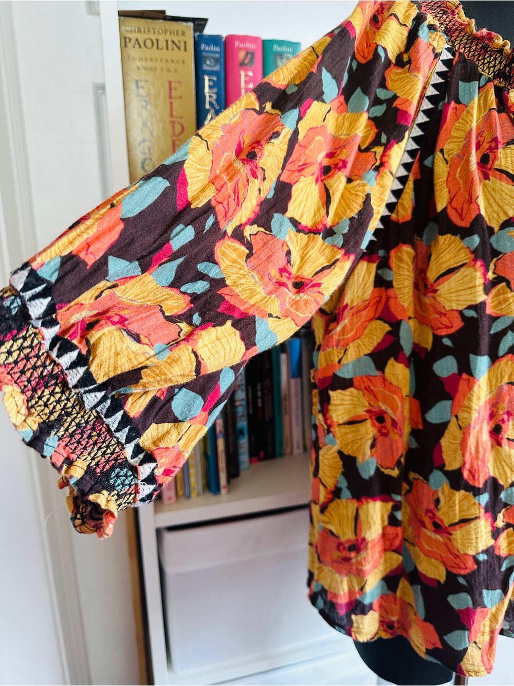 Sundance Floral Smocked Peasant style Tunic in Yellow, Pink & Teal on Black - Picture 3 of 9